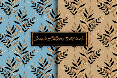 Black and gold leaves. Seamless patterns
