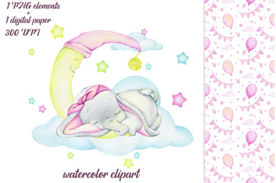 cute baby elephant. watercolor  animal clipart. pink sublimation desig