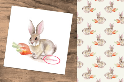 Watercolor rabbit and seamless pattern
