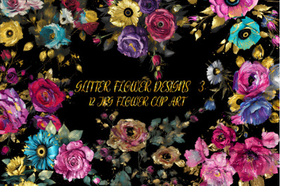Glitter flower design on black background volume 3
