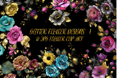 Glitter flower design on black background volume 1