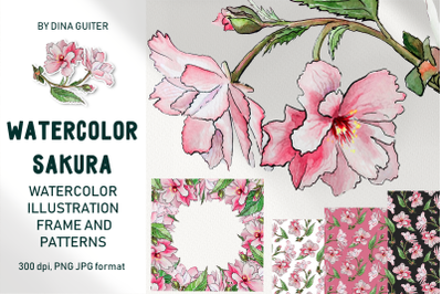 WATERCOLOR PINK SAKURA FLOWERS FRAME AND PATTERNS CLIPART