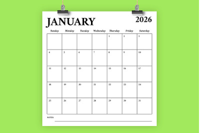 2026 Square 12x12 Calendar Template