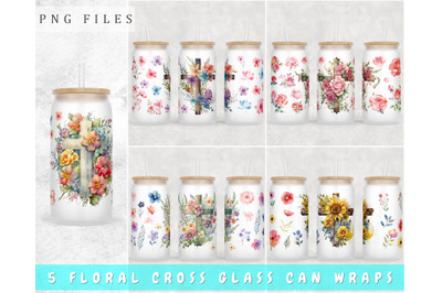 Floral Cross Libbey Glass Can Wraps, 16 Oz Glass Can Sublimation PNG