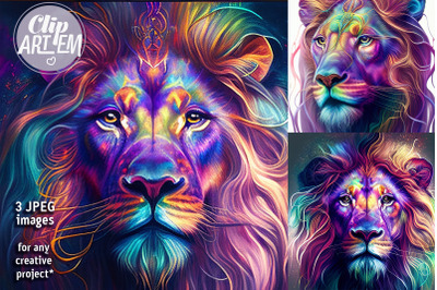 Colorful Modern Royal Lion  Artwork 3JPEG images Painting Set Wall Art