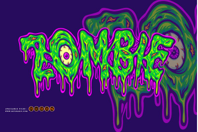 Creepy monster zombie eye melted text lettering word cartoon illustrat