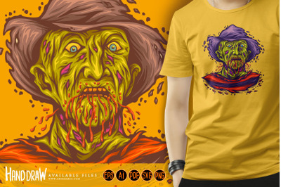 Creepy zombie freddy face bloody melting logo cartoon illustrations