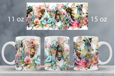 Bee mug wrap design Floral mug sublimation png Honey bees