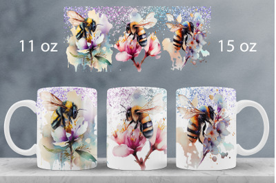 Bee mug wrap design Floral mug sublimation png Honey bees