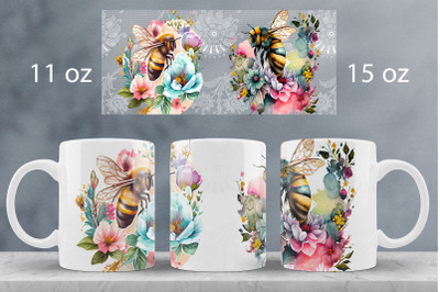 Bee mug wrap design Floral mug sublimation png Honey bees