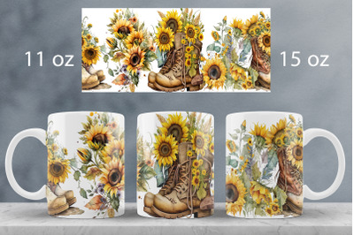 Sunflower mug wrap design Floral retro boots mug sublimation