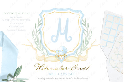 Carriage Blue Newborn Boy Family Watercolor Crest DIY