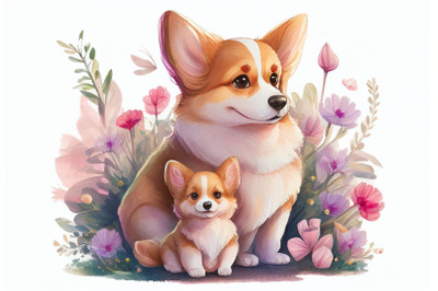 Puppy and Mother Dog with Pink Flowers | Mothers Day Collection