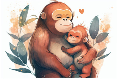 Baby and Mother Orang Utan with Leaves | Mothers Day Collection