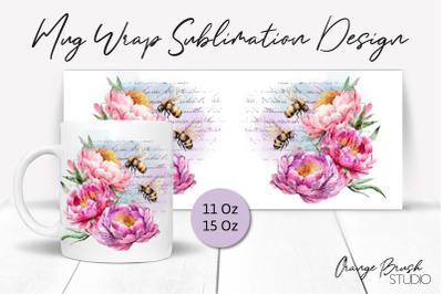 Watercolor Bee Mug Sublimation Wrap 11Oz 15Oz Coffee Cup PNG