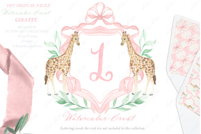 Giraffe Pink Bow Crest Family Watercolor Crest DIY
