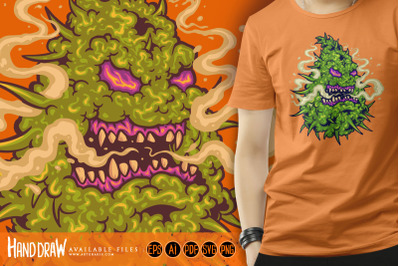 Spooky monster weed sativa leaf smoking cannabis logo cartoon illustra