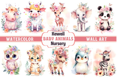 Kawaii Baby Animals Nursery Floral Wall Art