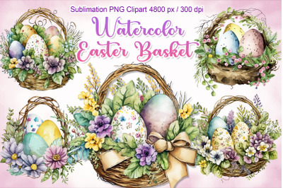 Watercolor Easter Eggs Floral Basket Clipart PNG