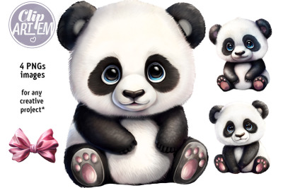 Sweet Little Pandas Boy Girl Watercolor 4 PNG Images Clip Art Set