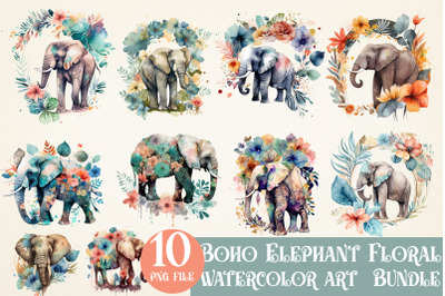 Boho Elephant Floral watercolor Bundle, Sublimation png file