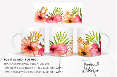 Tropical Hibiscus Mug sublimation design Watercolor PNG