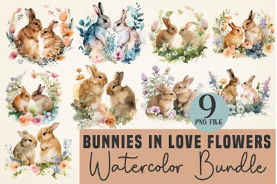 Bunnies in Love Flowers watercolor Bundle, Sublimation png