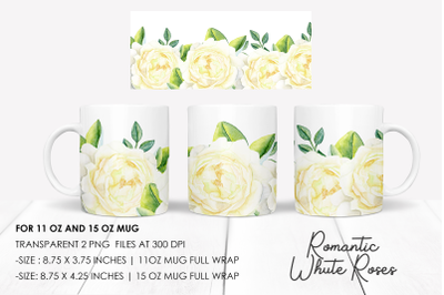 White Roses Floral Mug sublimation design Watercolor PNG