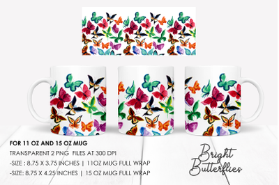 Colorful Butterflies Mug sublimation design Watercolor PNG