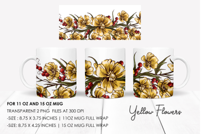 Vintage Yellow Floral Mug sublimation design Watercolor PNG