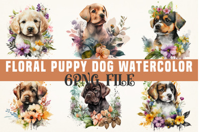 Floral Pupp Dog watercolor sublimation bundle, 6 png file