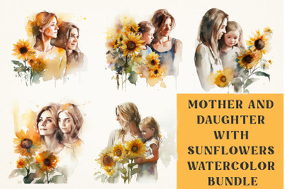 Mother and Daughter with Sunflowers watercolor bundle