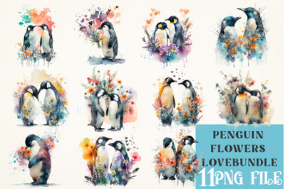 Penguin Flowers Love watercolor Sublimation Bundle