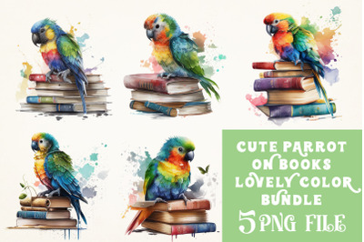 Watercolor Cute Parrot on Books Sublimation Bundle