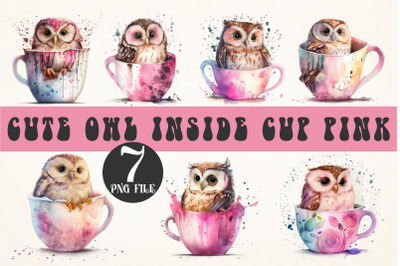 Watercolor Cute Owl inside Cup Pink Sublimation Bundle