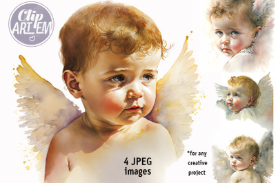 Baby Angels Painting 4 JPEG Images Watercolor Set for Home Decor
