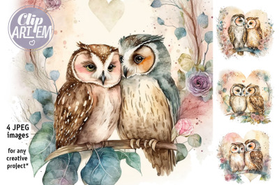 Couple of Owls  with Flowers Hearts 4 Watercolor JPEG Images  Set
