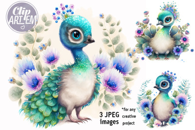 Cute Peacocks with Flowers 3 Watercolor JPEG Images Set  Nursery Decor