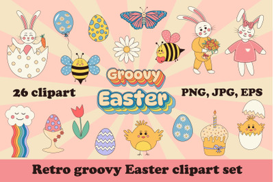 Retro groovy Easter clipart set