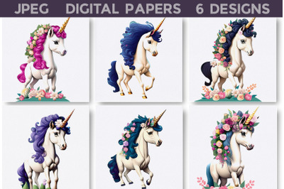 Unicorn With Flowers Digital Papers | Unicorn Illustration
