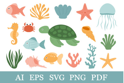 Undersea world SVG. Sea animal SVG. Sea shell starfish coral