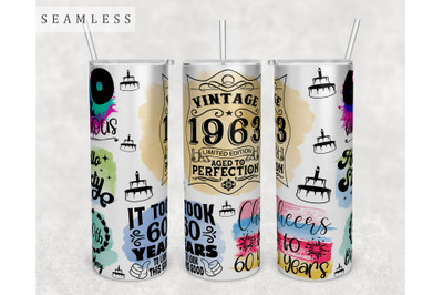 60th Birthday Tumbler Wrap, 20 Oz Skinny Tumbler Sublimation Design