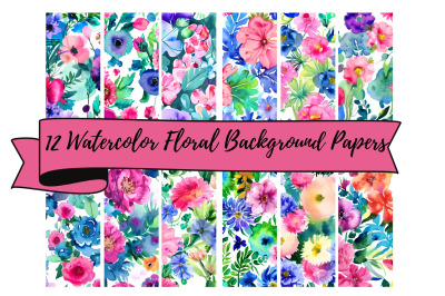 12 Watercolor Flowers 2 Background Papers