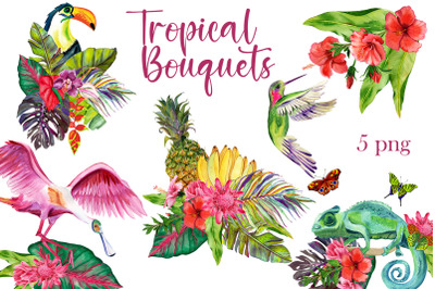 Watercolor Tropical Flower Bouquets Clipart