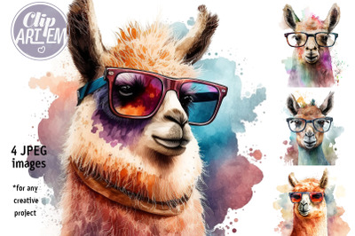 Summer Lama with Glasses Watercolor Artwork 4 JPEG Images Set Wal Art