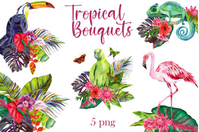 Watercolor Tropical Flower Bouquets Clipart