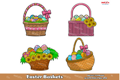 Cartoon Easter Basket With Colored Eggs