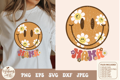 Retro mama smiley face with daisy svg png sublimation, distressed png