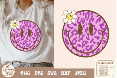 Retro smiley face leopard with daisy svg png sublimation