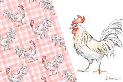 Hand drawn rooster and seamless pattern